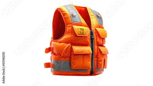 Safety Vest: An eye-level view showcases a vibrant, reflective orange safety vest, meticulously designed to ensure visibility and protection in various occupational settings.