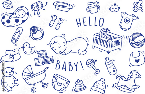 Baby Shower Doodle Vector | Hello Baby, Bottle, Toys, Hat, Bib, Diaper, Newborn Elements