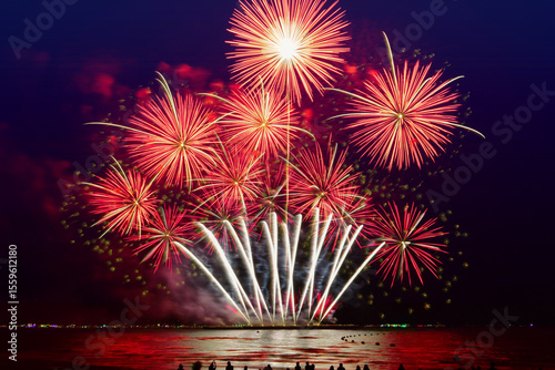 Fireworks celebration and the city night light background.