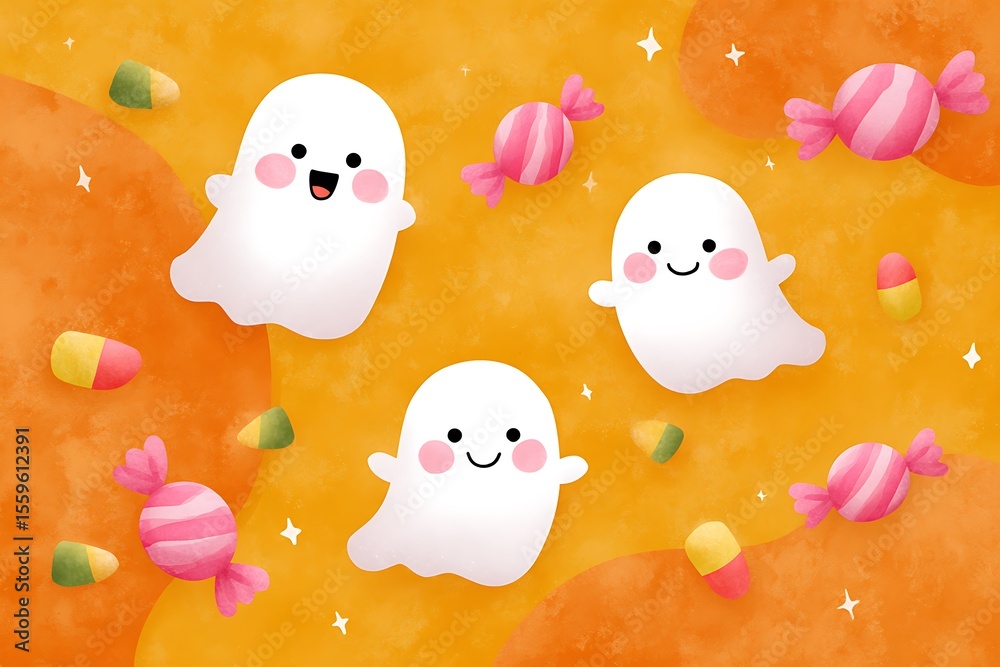 Funny cartoon ghosts, halloween background