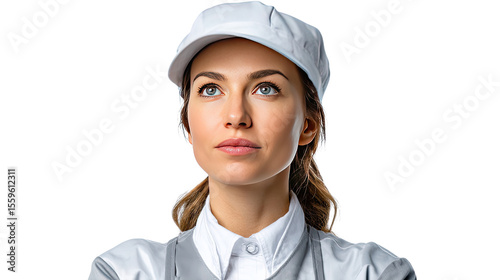 Focused Worker in White Cap: A young woman with light brown hair, wearing a white cap and collared shirt, gazes thoughtfully upward. Her expression is serious and contemplative.