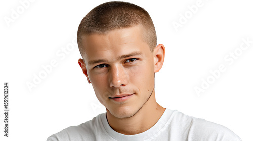 Young Man Portrait: Close-up portrait of a young man with short, light brown hair, conveying a serious yet approachable demeanor. His expression is neutral.