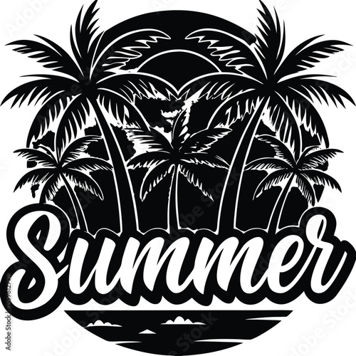 Black white summer vacation scene with palm trees and ocean waves tropical beach