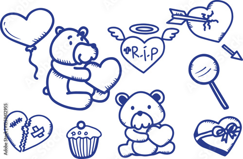  Sad Teddy Bear Grave Doodle Vector | RIP, Emotion, Cute Plush Toy, Loss Symbol, Blue Line Art