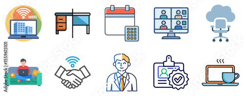A 10-icon starter pack illustrating key Hybrid Workplace concepts: remote work, office setups, virtual meetings, flexible schedules, and team connectivity