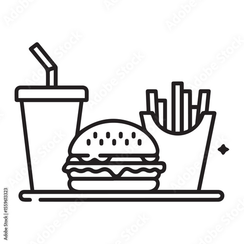 Minimal fast food combo vector illustration of burger, fries, and drink tray in line art. 