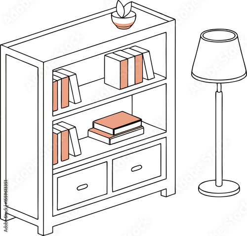 Cozy isometric illustration of a white bookshelf filled with books and a small potted plant next to a floor lamp