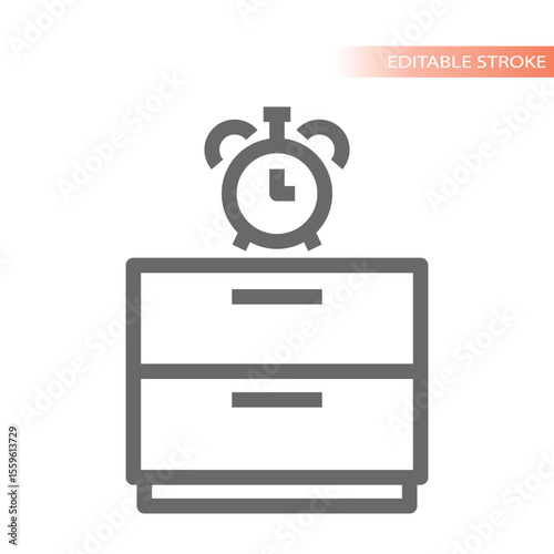 Night stand or night stand with alarm clock. Home decor furniture store, bedside drawers with a clock line vector icon.