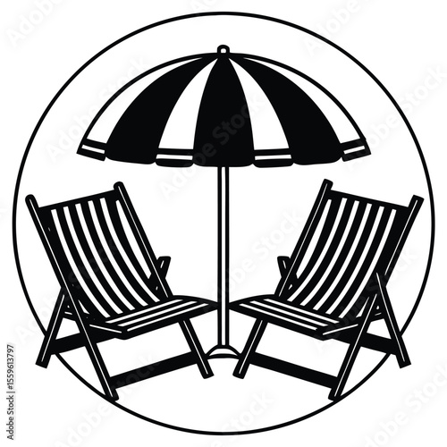 Striped beach chairs under umbrella black and white vacation