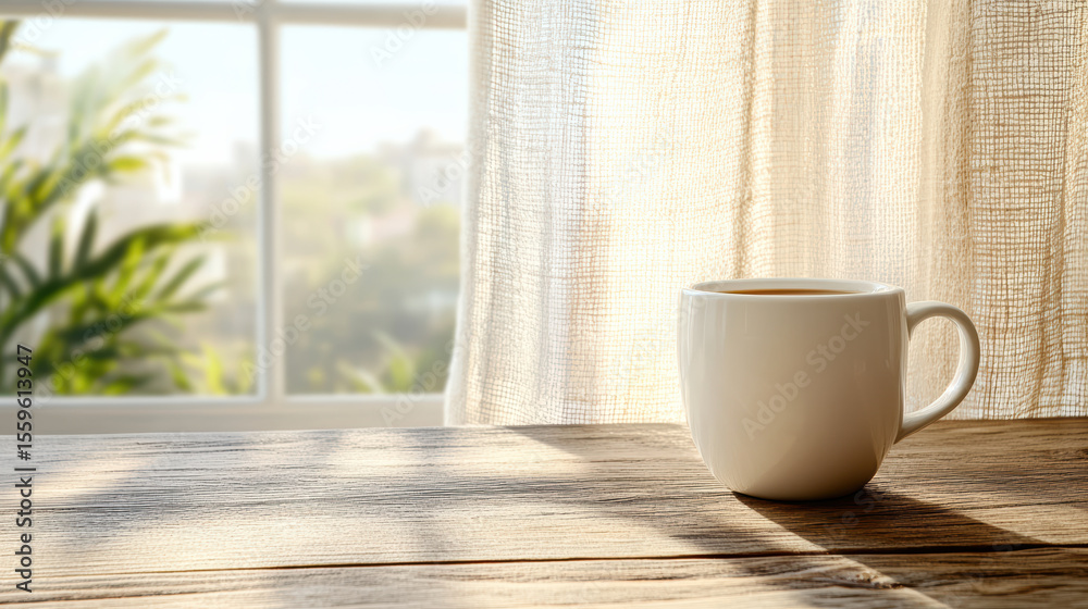 Serene coffee cup sits on wooden table, illuminated by soft sunlight through sheer curtains Serene coffee cup sits on wooden table, illuminated by soft sunlight through sheer curtains