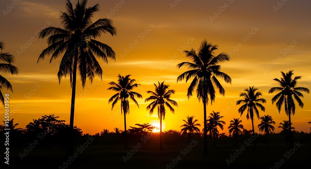 Obraz premium Silhouette of Palm Trees at Sunset Tropical Paradise Scene