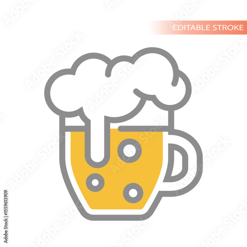 Beer krug or stein mug line vector icon. Beer glass colorful tankard with foam and yellow liquid.
