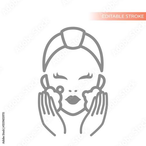 Face cleansing line vector icon. Face washing or cleaning, clean up with soap foam and pretty female with headband.