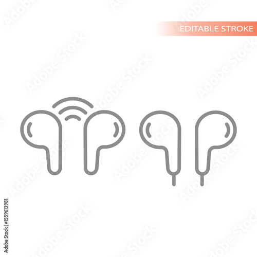 Wireless and wired earbuds line icon. Earphones, in ear buds or headphones with cable and wi fi vector.