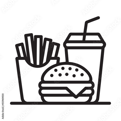 Minimal fast food combo vector illustration of burger, fries, and drink tray in line art. 