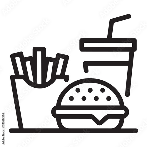 Minimal fast food combo vector illustration of burger, fries, and drink tray in line art. 
