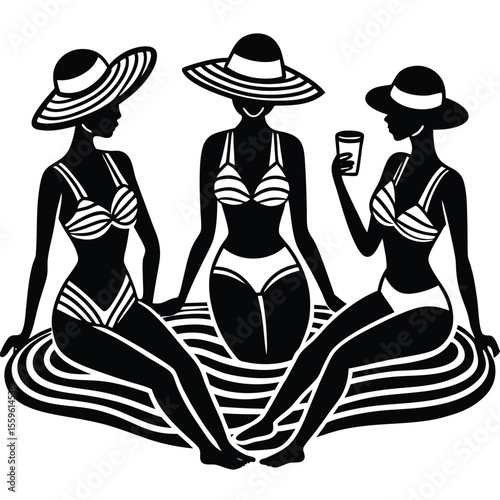 Three women in striped bikinis and hats summer
