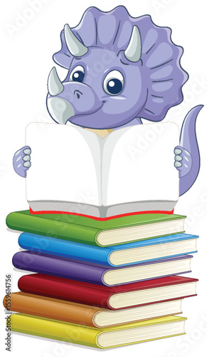Cute Dinosaur Reading on Colorful Book Stack