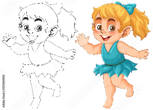 Cheerful Girl in Blue Dress Vector Illustration