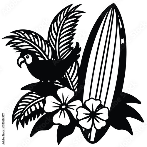Tropical bird perched on leaves beside surfboard and flowers black and white parrot