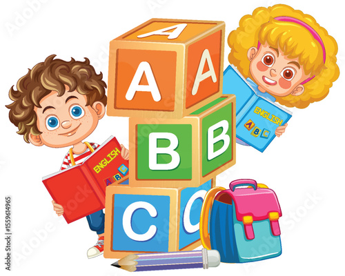 Children Learning with Alphabet Blocks and Books