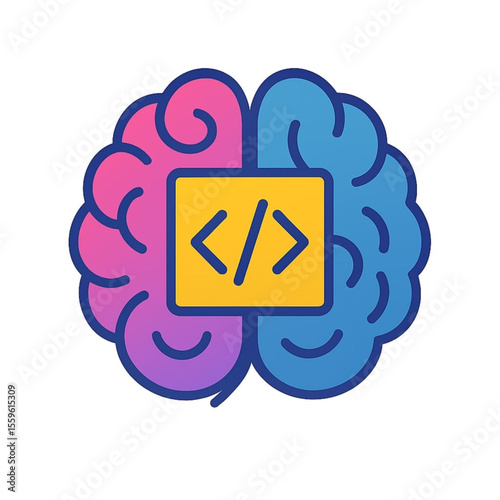 The icon depicts the combination of brain and technology such as network, lamp, coding, internet, engineering, ai, and rocket.