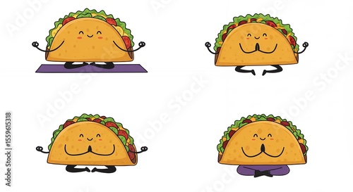 Four cartoon tacos in yoga poses
