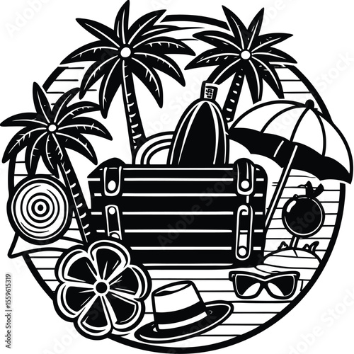 Tropical vacation essentials palm trees luggage umbrella sunglasses hat travel beach