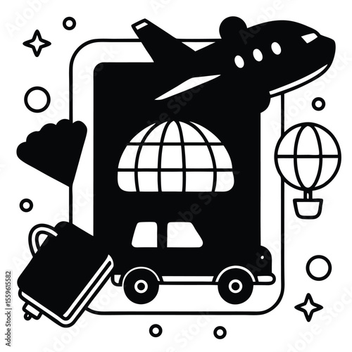 Airplane globe car hot air balloon luggage travel icons vector