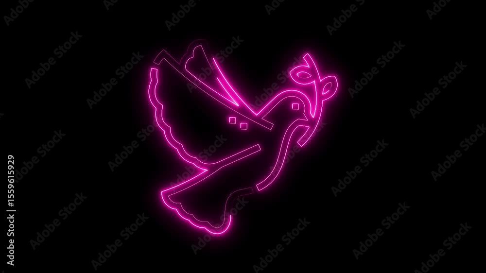 Glowing pink neon dove with olive branch animation against black background for peace concepts Glowing pink neon dove with olive branch animation against black background for peace concepts