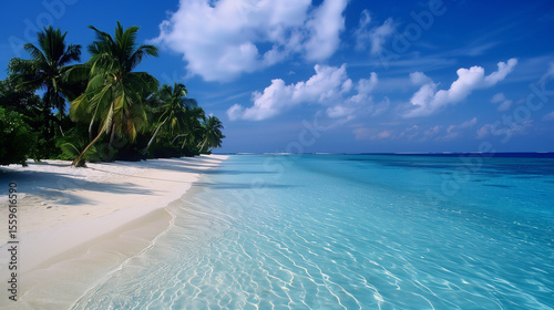  Tropical beach. Summer vacation on a tropical island with beautiful beach and palm trees. Tropical Maldives.