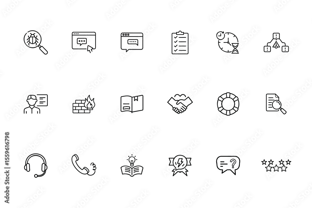 Fototapeta premium Line icons representing customer service web support including bug search, chat, help desk elements