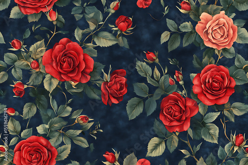 A classic and elegant pattern of rich red roses and verdant green leaves on a dark blue background, ideal for decorative purposes