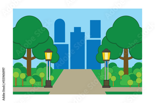 Urban Park Green Space Cityscape with Trees and Lampposts
