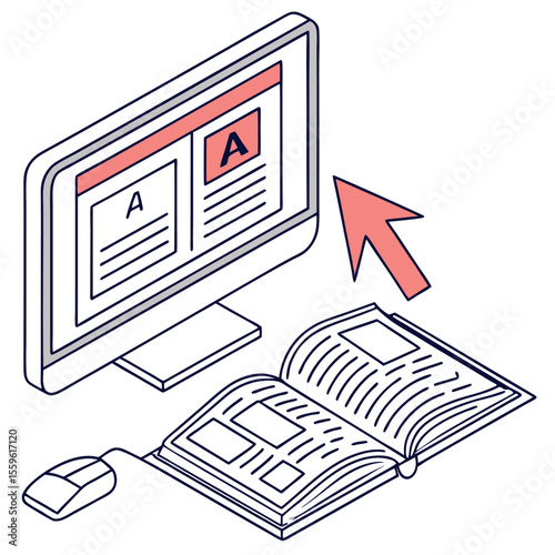 Isometric illustration of a computer screen displaying content with a prominent letter a next to an open book and computer mouse symbolizing digital learning and research
