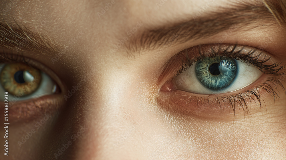 Obraz premium Extreme close-up of heterochromia eyes, unique human gaze, one eye blue, one eye brown, detailed iris texture, intense look, natural portrait, striking and rare feature.