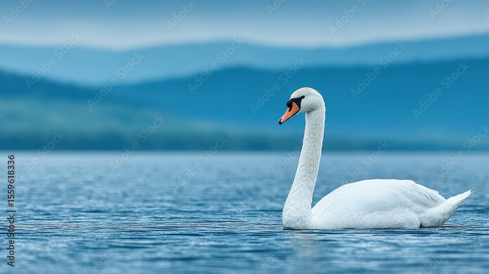 Fototapeta premium Elegant white swan gracefully gliding on tranquil water.