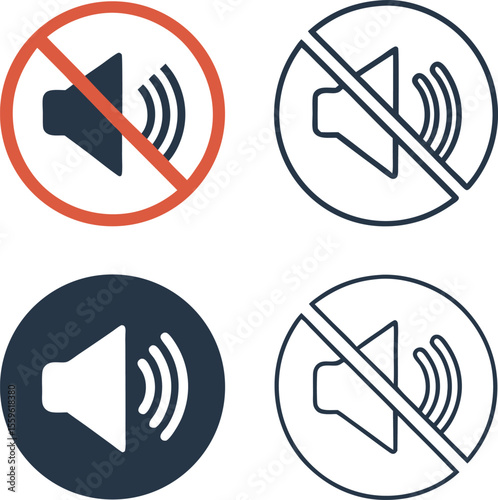 Set of four audio icons representing sound on and sound off with two icons in solid color and two in outline style for versatile design applications