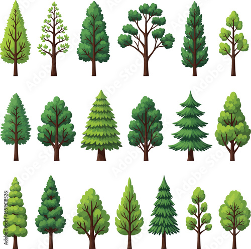 Diverse Collection of Green Tree Silhouettes Vector