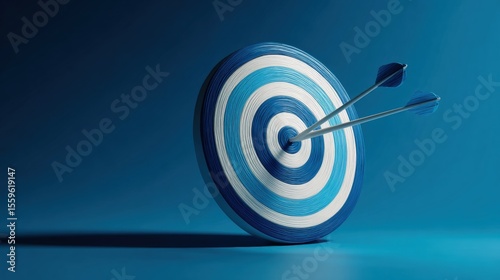 Blue and white target with two arrows in the center on a blue background studio shot