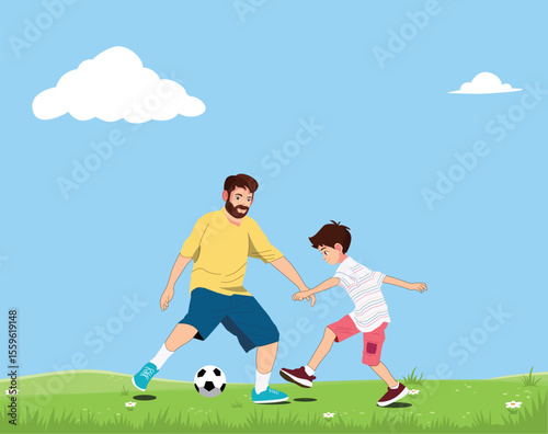 Father and son play football on outdoor pitch. Dad and kid run on park stadium. Man and little boy playing soccer on sunny summer day. Healthy active sport for young family.