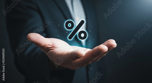 Interest rate financial and mortgage rates concept. Wooden blocks with Icon percentage symbol and arrow pointing up