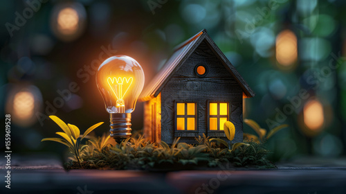 Green Home Energy: Miniature home and Light Bulb showcase concept energy efficiency, sustainability, and the promise of a bright, eco-friendly future.