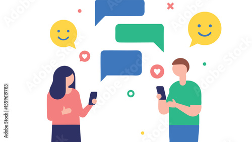 Illustration of a woman and man texting with speech bubbles and emoji icons around them online chat concept