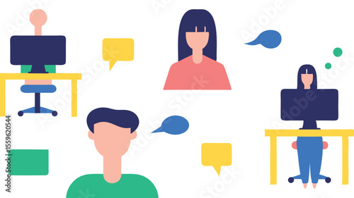 Illustration of people working at desks with speech bubbles and a simple color palette style