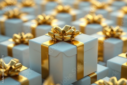 Golden wrapped gift box highlighted in a sea of matte white boxes, high contrast lighting