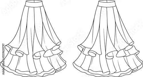 Ruffle layered flare maxi skirt fashion flat sketch, front and back view, technical drawing, women clothing design vector template

 flat vector illustration