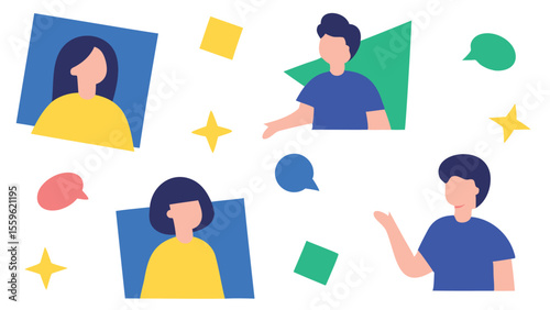 Illustration of four individuals in frames with speech bubbles and geometric shapes scattered around them