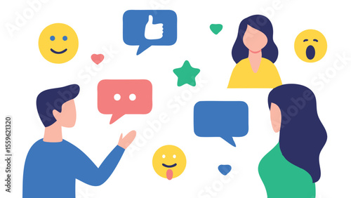 Illustration of people communicating with speech bubbles and emojis on a white background scene