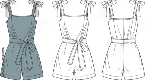 Stylish women’s belted romper with shoulder tie straps, front and back view, technical fashion flat sketch, vector template illustration

 flat vector illustration